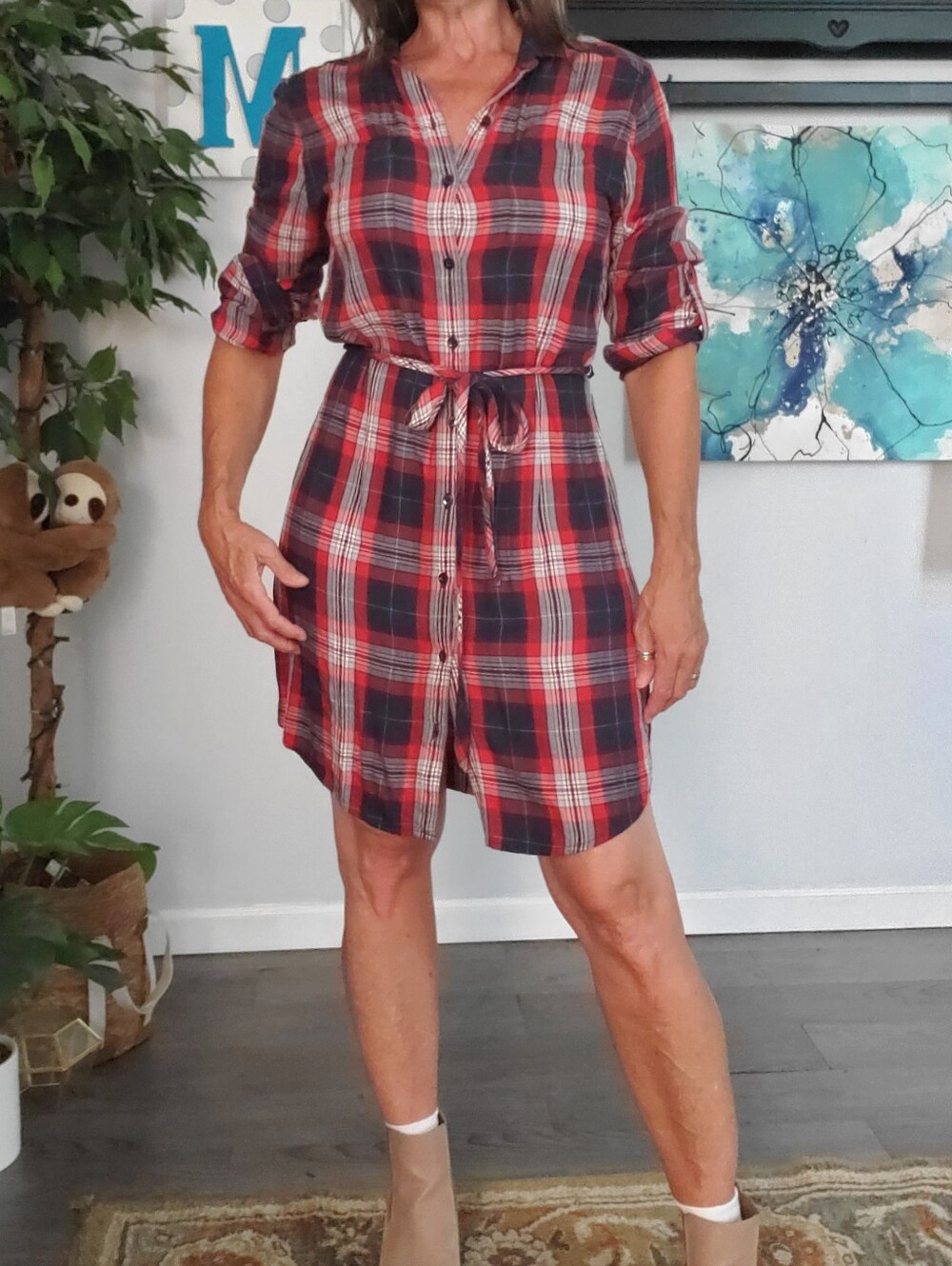 BANANA REPUBLIC Plaid Tie Waist Roll Tab Sleeve Shirt Dress 8